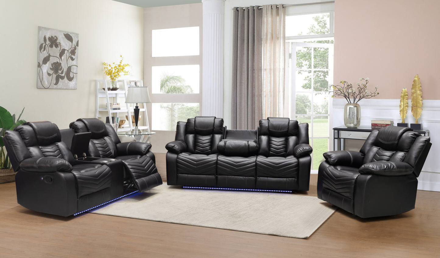 Luxury Black Roger Air Leather Recliner Sofa Set