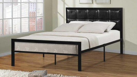 (1148,1148-1) Modern Metal Frame Upholstered Bed with Faux Leather Headboard – Twin, Double, Queen Sizes