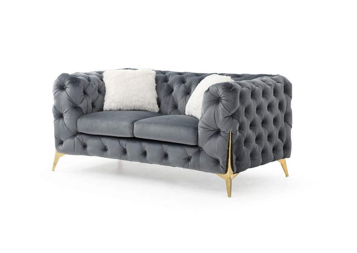 Luxury Grey Velvet Chesterfield Sofa Set – Elegant Living Room Furniture with Gold Accents