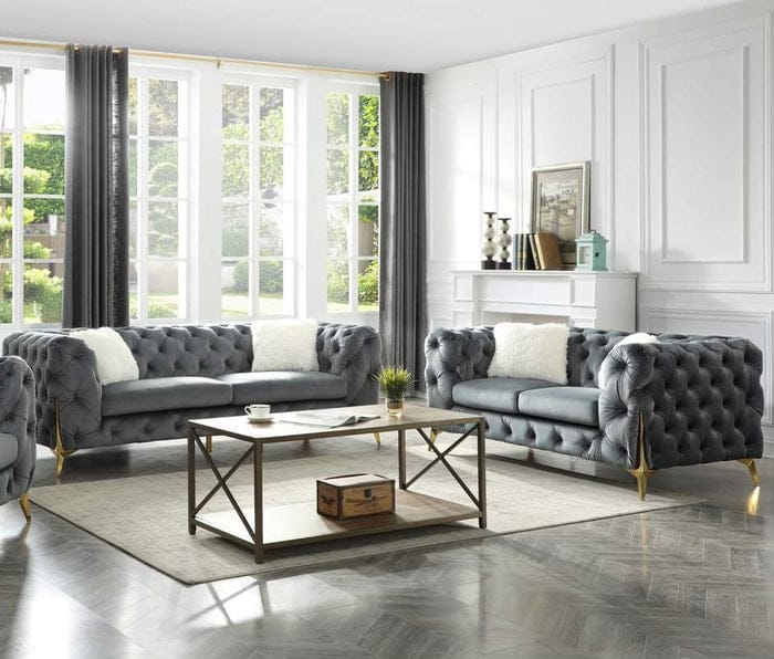 Luxury Velvet Chesterfield Sofa Set – Elegant Living Room Furniture with Gold Accents