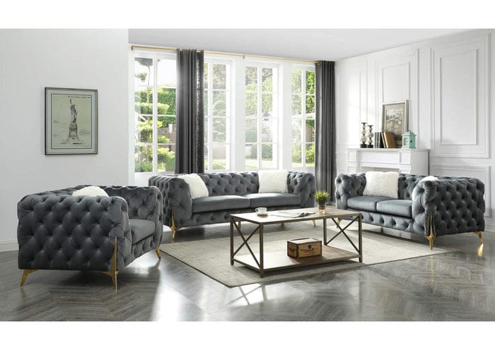 Luxury Grey Velvet Chesterfield Sofa Set – Elegant Living Room Furniture with Gold Accents