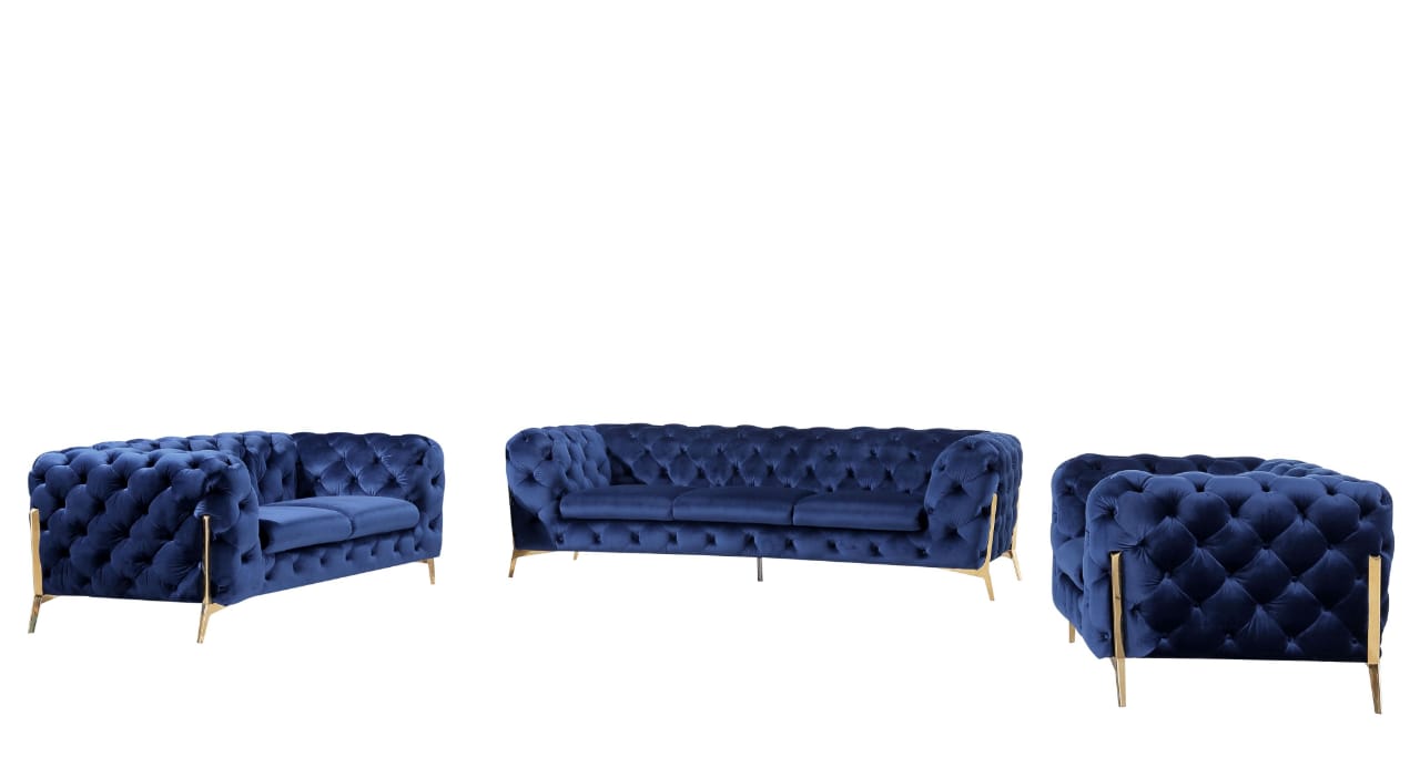 Luxury Velvet Chesterfield Sofa Set – Elegant Living Room Furniture with Gold Accents