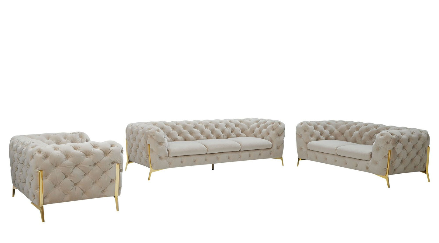 Luxury White Velvet Chesterfield Sofa Set – Elegant Living Room Furniture with Gold Accents