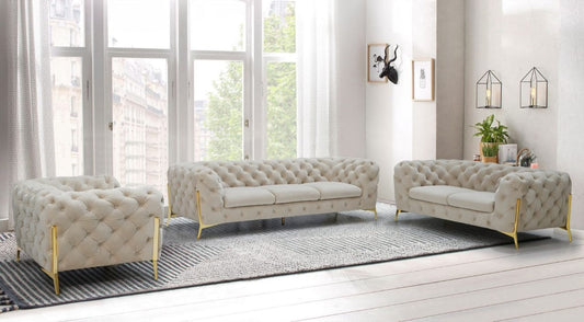 Luxury White Velvet Chesterfield Sofa Set – Elegant Living Room Furniture with Gold Accents