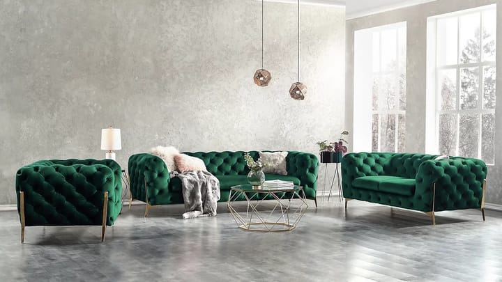 Luxury Green Velvet Chesterfield Sofa Set – Elegant Living Room Furniture with Gold Accents