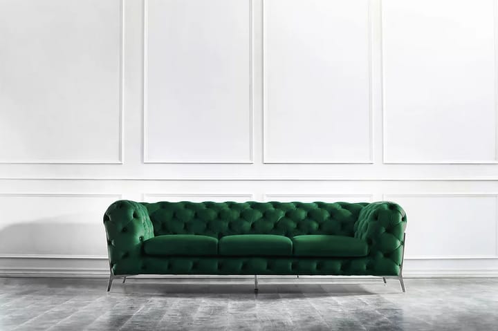 Luxury Green Velvet Chesterfield Sofa Set – Elegant Living Room Furniture with Gold Accents