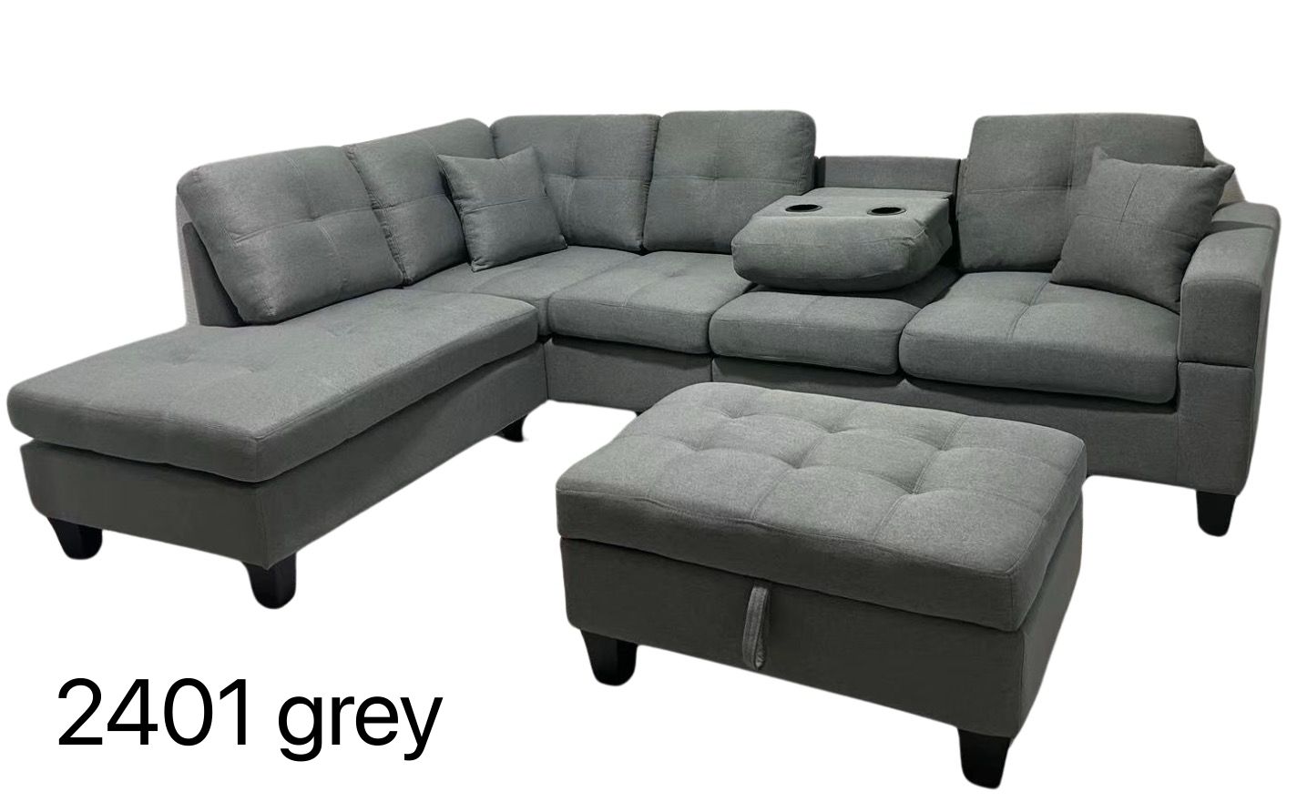 Modern Sectional Sofa Set with Ottoman - Model 2401 (Available in Grey and Black)