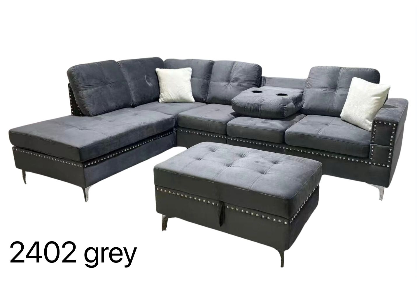 2402 reversible grey, blue, green and black sectional with drop down tray