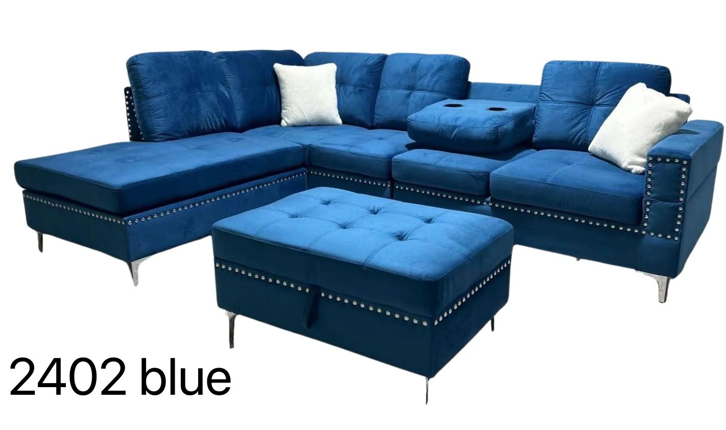 2402 reversible grey, blue, green and black sectional with drop down tray