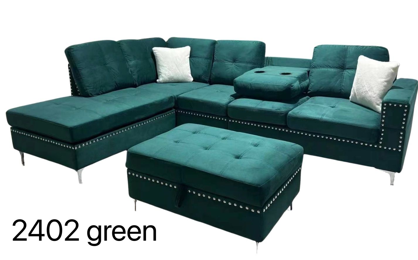 2402 reversible grey, blue, green and black sectional with drop down tray