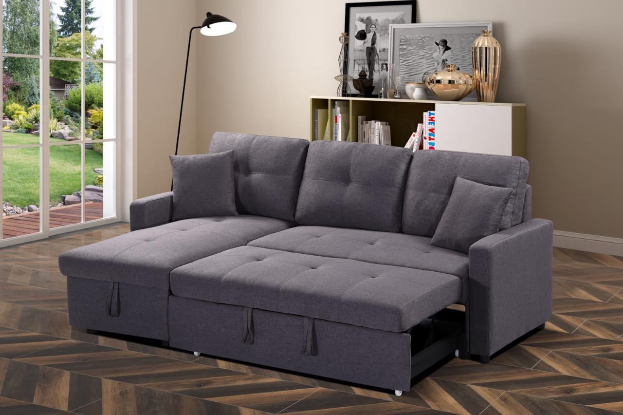 HM1642 Grey & Black Convertible Sectional Sofa with Storage