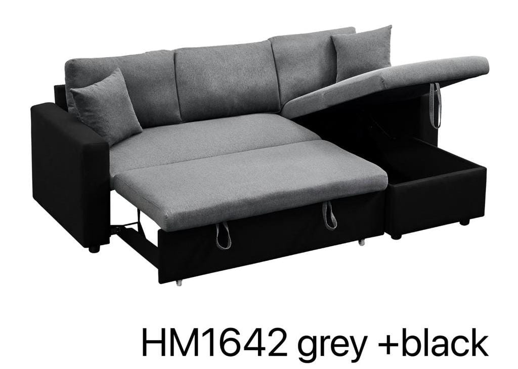 HM1642 Grey & Black Convertible Sectional Sofa with Storage