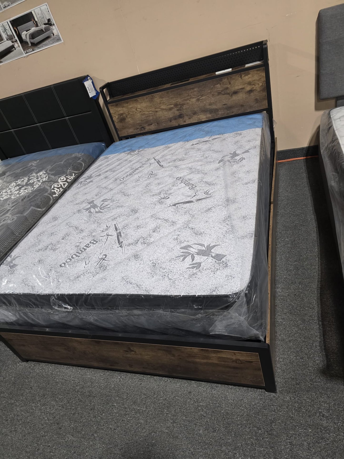 Wood Grain Platform Bed with Charging Station, and Storage Drawers – Available in Double and Queen Sizes