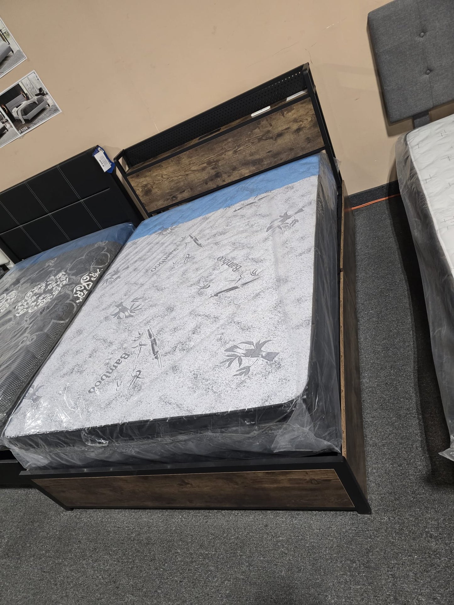 Wood Grain Platform Bed with Charging Station, and Storage Drawers – Available in Double and Queen Sizes