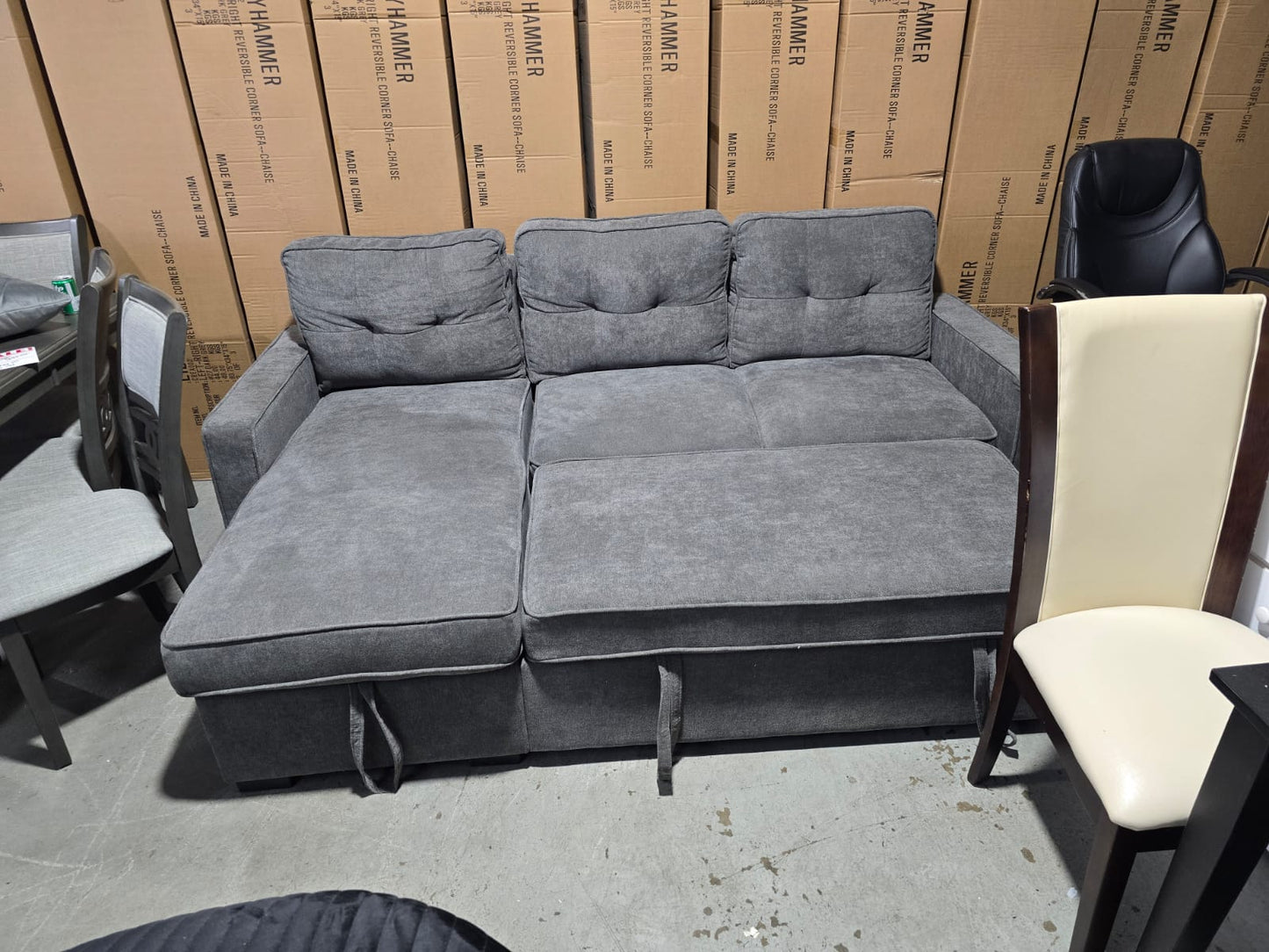 Convertible Sofabed Sectional with Reversible Chaise and Storage (Grey Fabric)