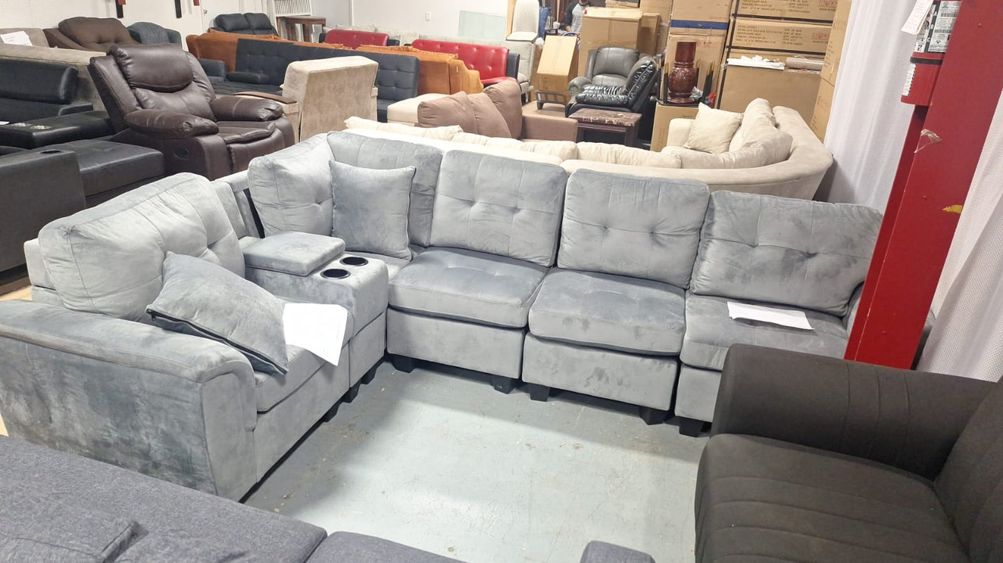 2402 reversible grey, blue, green and black sectional with drop down tray