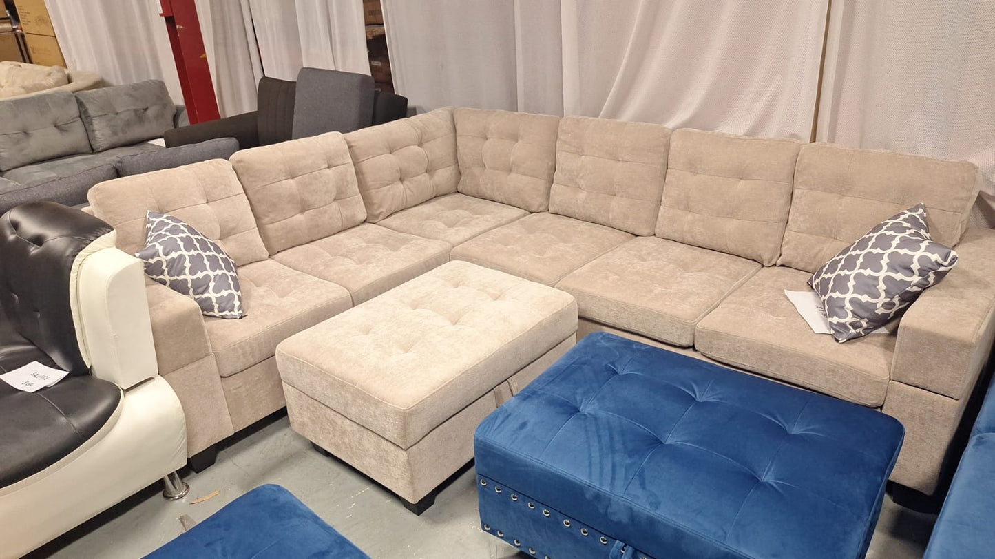 2402 reversible grey, blue, green and black sectional with drop down tray