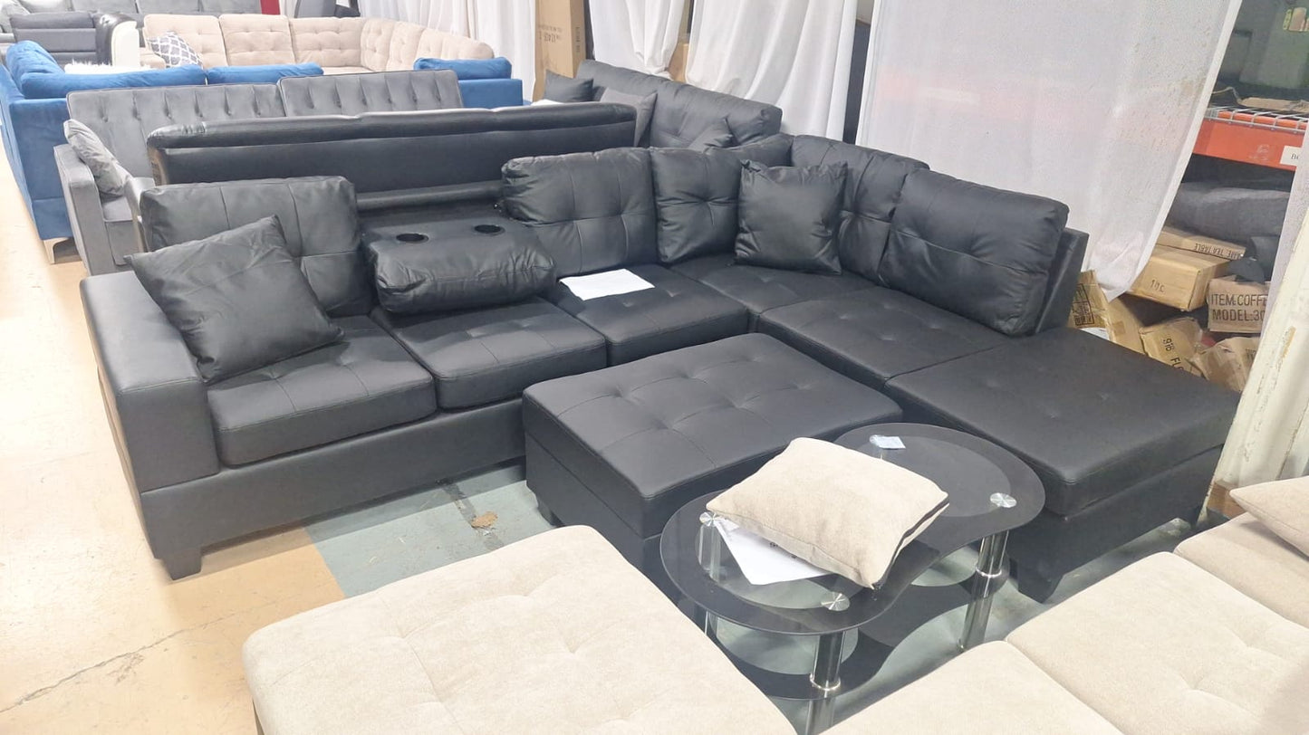 2402 reversible grey, blue, green and black sectional with drop down tray