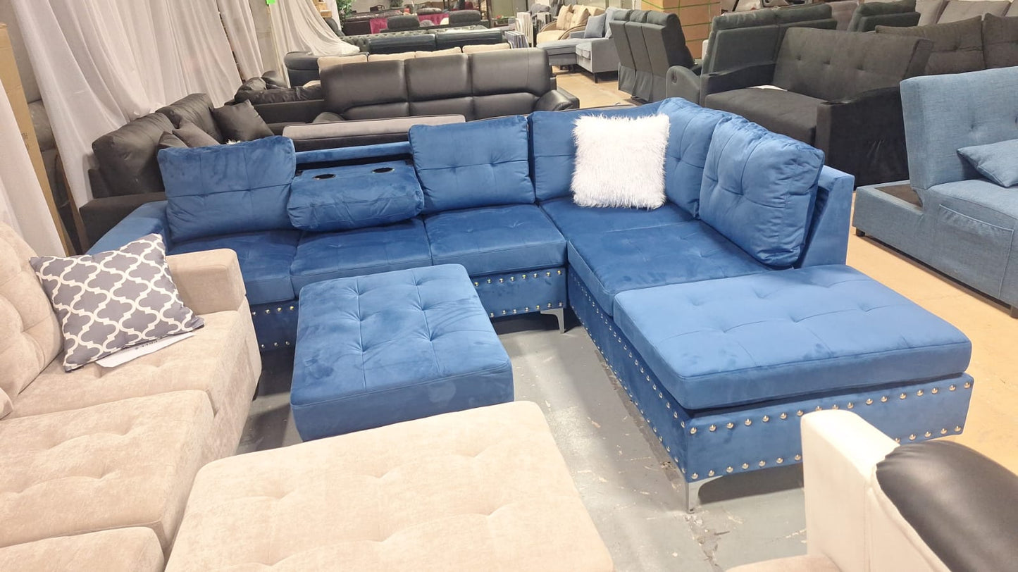 2402 reversible grey, blue, green and black sectional with drop down tray