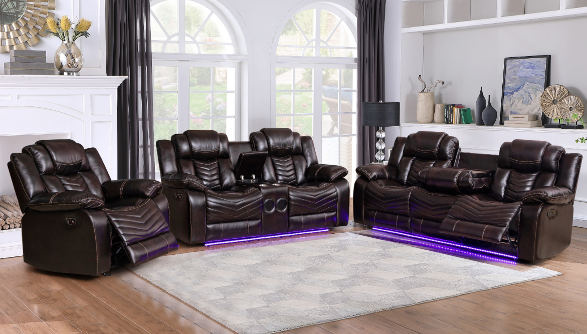 Elegant Roger Power Brown Air Leather Recliner Sofa Set with LED Lighting