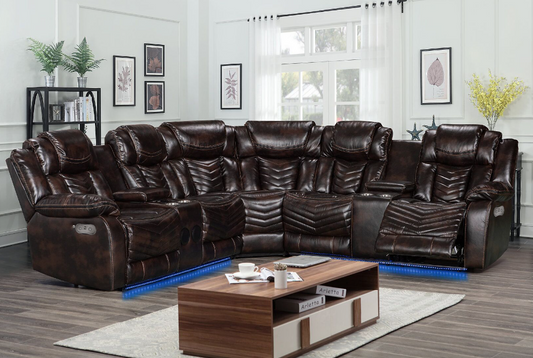 Premium Dark Brown Leather Recliner Sectional Sofa with LED Lighting – Comfort Meets Modern Style