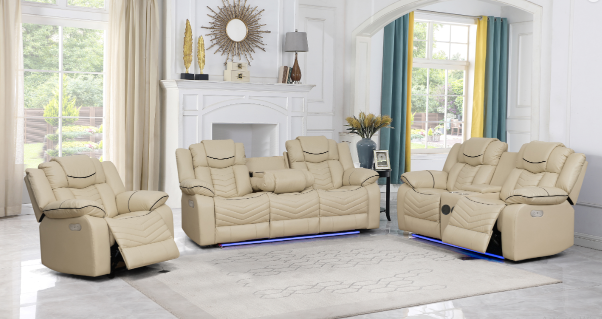 Roger Power Beige Air Leather Recliner Sofa Set - 5-Seater Premium Living Room Comfort