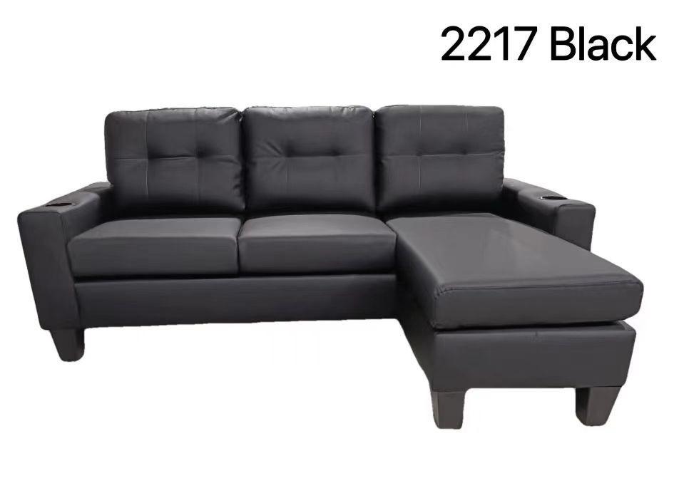 2217 Black Faux Leather Sectional Sofa – Modern Comfort with Chaise & Cupholders