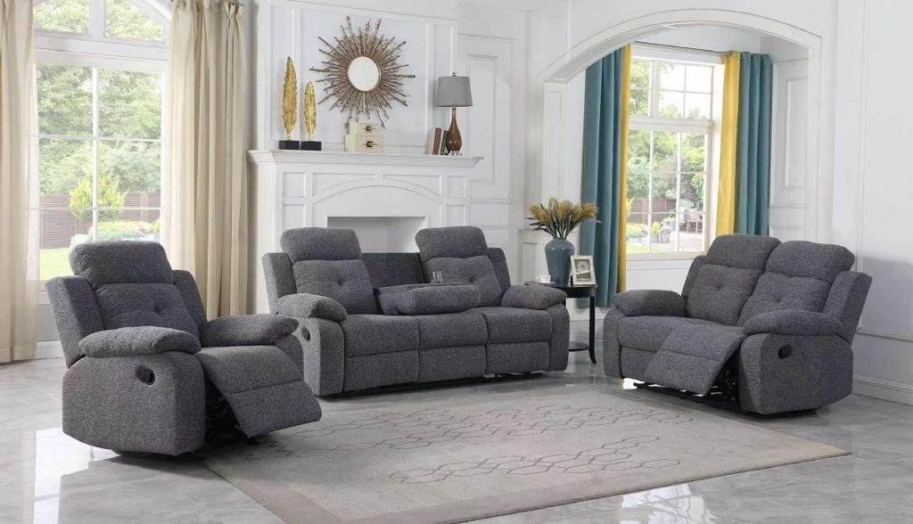 Vincet Grey Fabric Recliner Sofa Set 5-Seater comfortable Living Room Ensemble