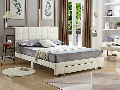 IF-5492 White PU Upholstered Bed with Tufted Headboard - Double and Queen