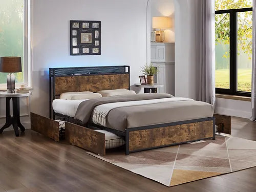 Wood Grain Platform Bed with Charging Station, and Storage Drawers – Available in Double and Queen Sizes