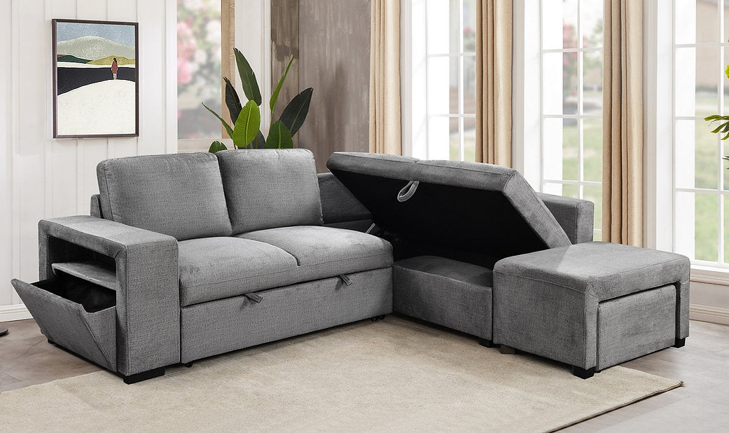 IF-9035 Sofa Bed Sectional with Storage - Soft Grey Fabric