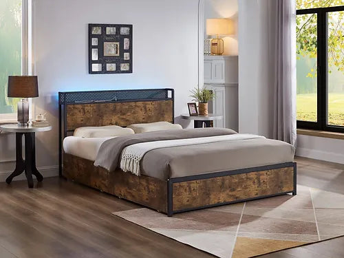 Wood Grain Platform Bed with Charging Station, and Storage Drawers – Available in Double and Queen Sizes