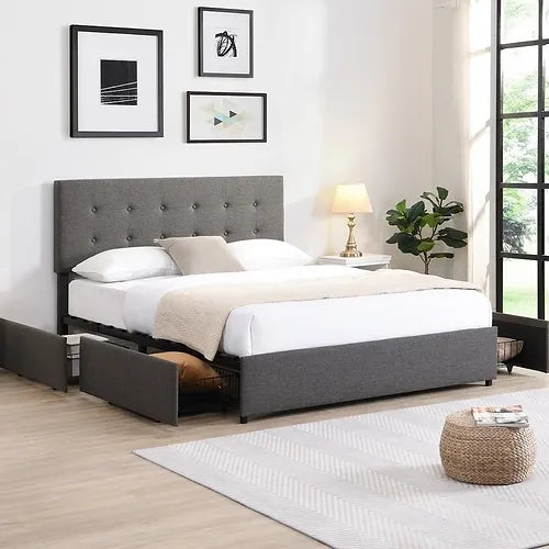 Platform Bed with Button Tufted Headboard and 4 Storage Drawers – Available in Double, Queen, and King Sizes