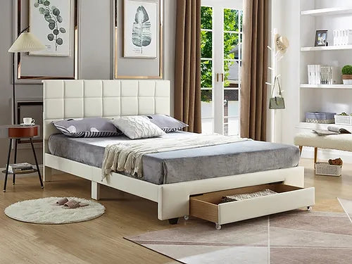 IF-5492 White PU Upholstered Bed with Tufted Headboard - Double and Queen