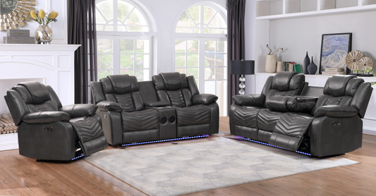 Stylish Roger Grey Power Air Leather Recliner Sofa Set with LED Lighting