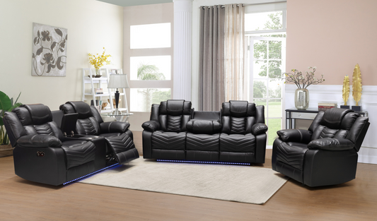 Luxurious Roger Power Black Air Leather Recliner Sofa Set with LED Accents